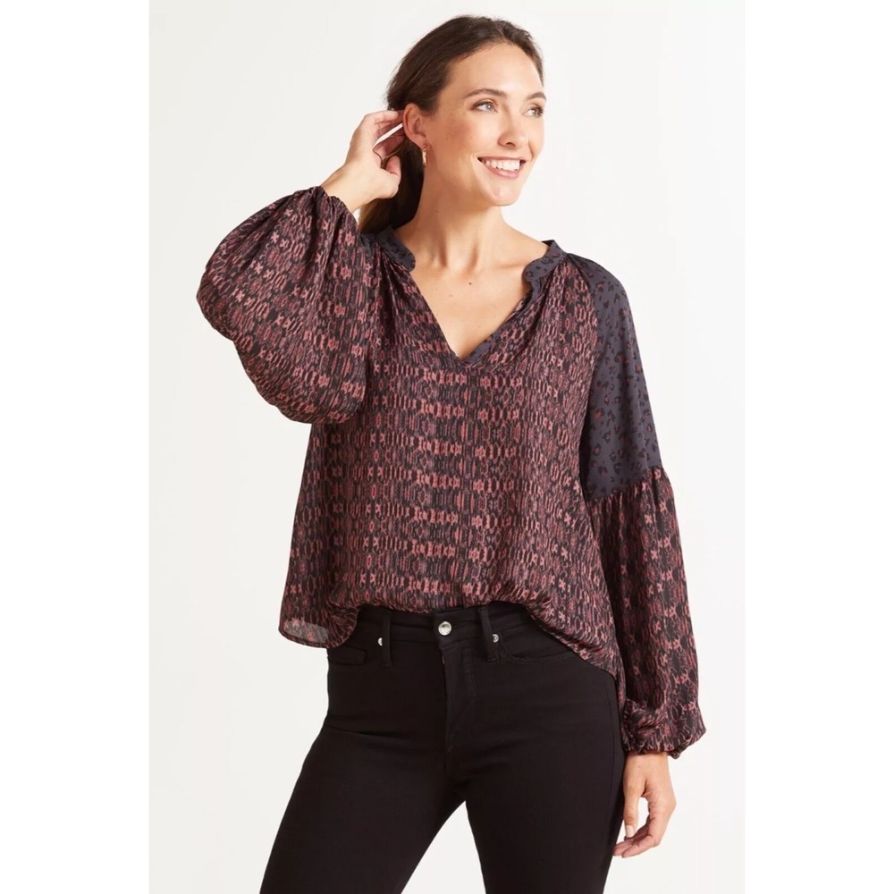 Roan+Ryan Blouse Boho Animal Print Balloon Sleeve  Relaxed Fit Casual Small NWOT